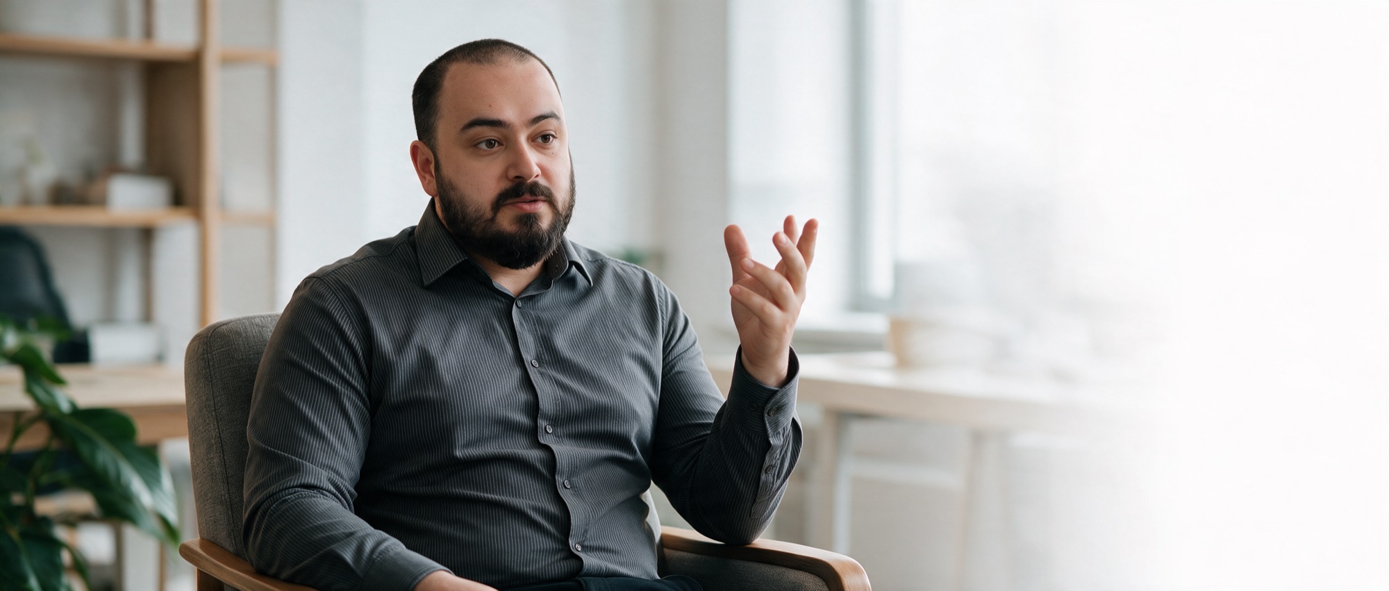 Konstantin Lebedev, mid-conversation in a client meeting